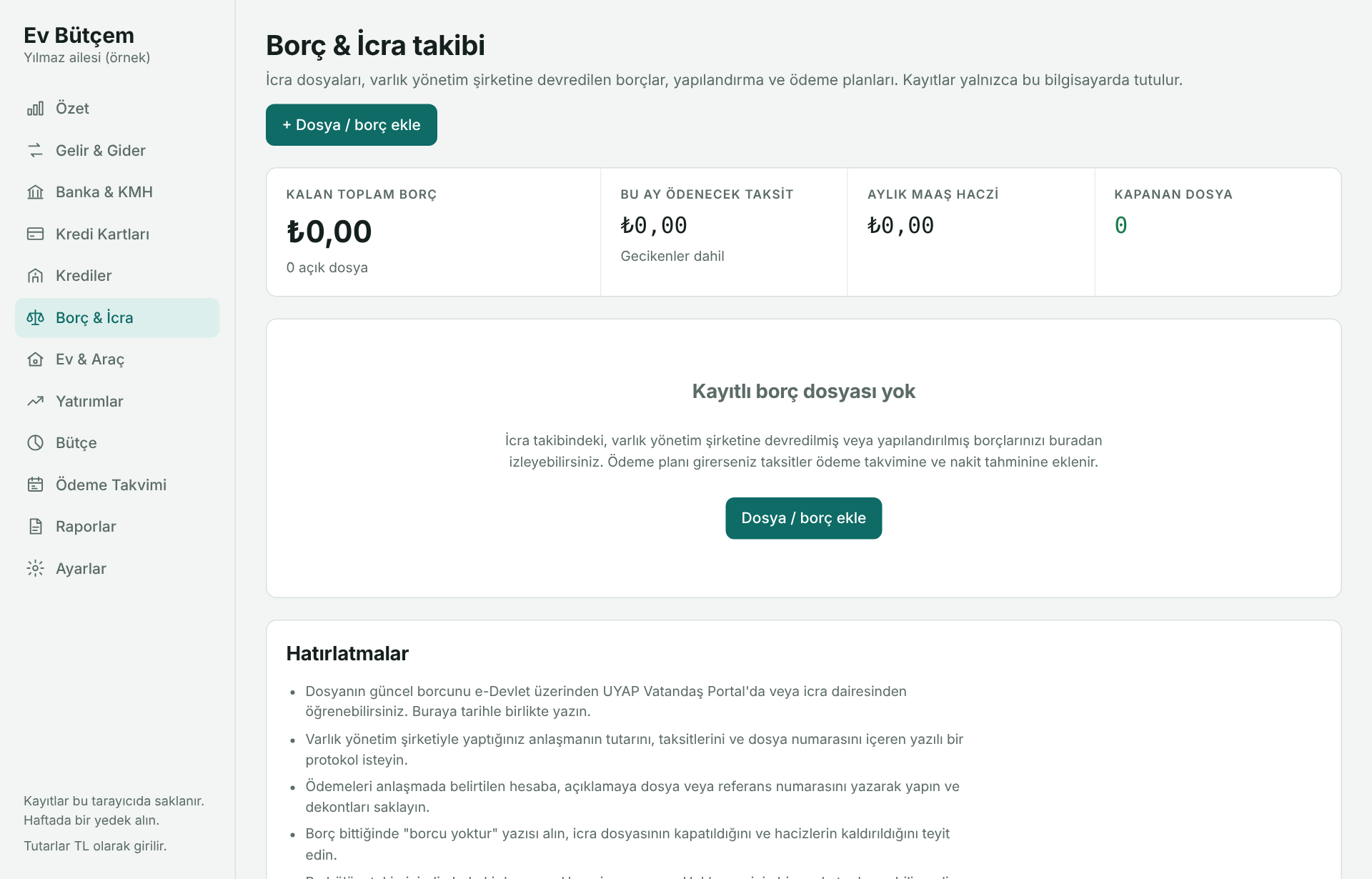 Borç ve icra takibi ekranı: kalan borç, ödeme planı, maaş haczi ve varlık şirketi bilgileri