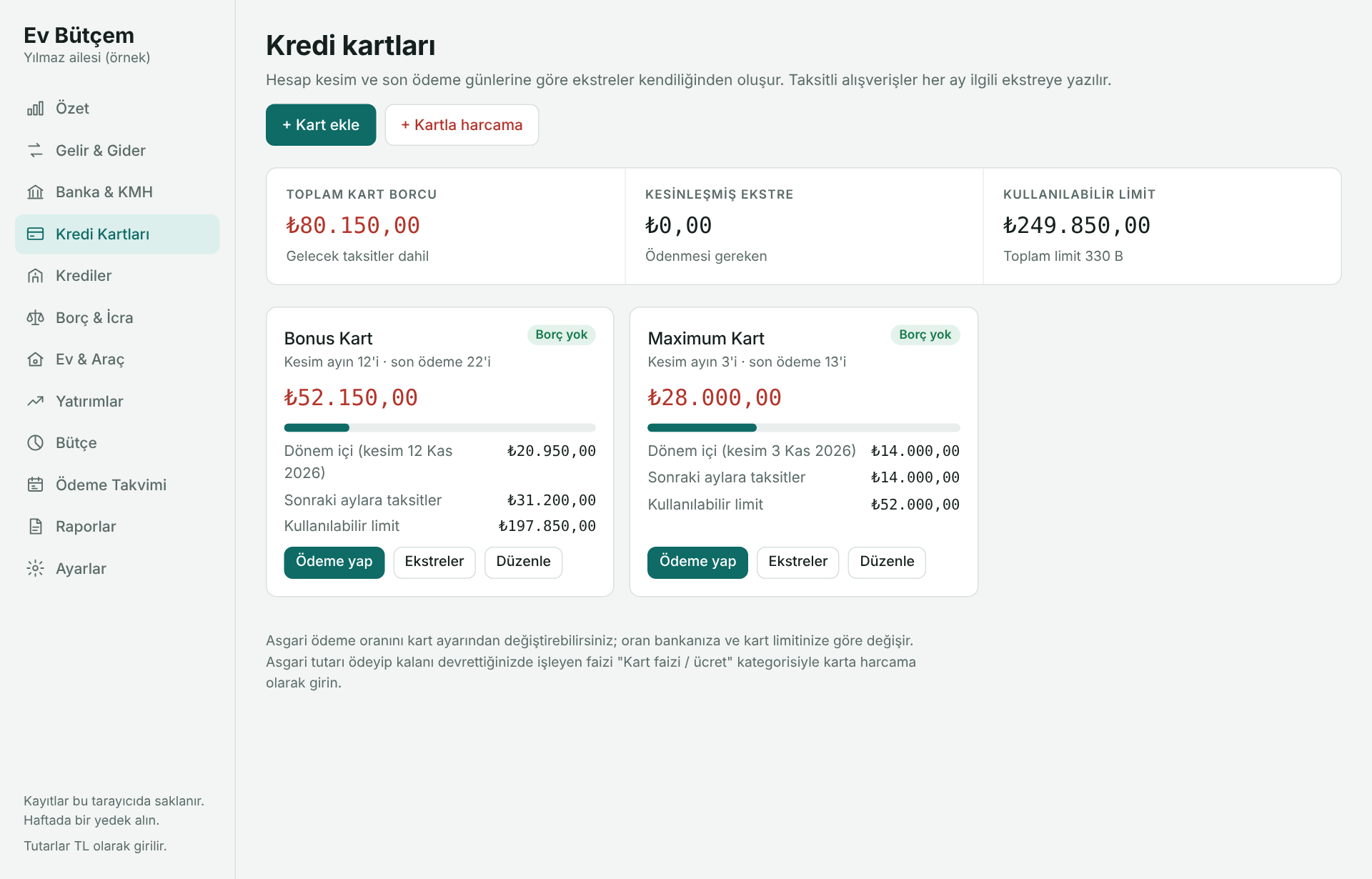 Kredi kartları ekranı: toplam kart borcu, kesinleşmiş ekstre, kullanılabilir limit ve kart bazında son ödeme tarihleri